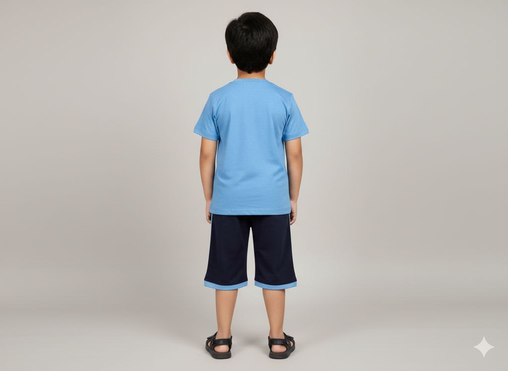 Teal Blue Boys Cotton T-Shirt and 3/4 Shorts Set