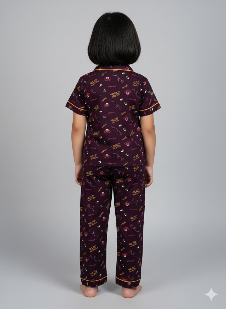 Maroon Printed Girls Nightsuit Set Comfortable All-Season Wear