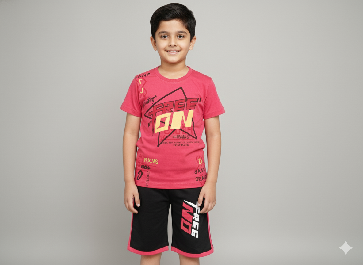 Crimson Pink Boys Cotton T-Shirt and 3/4 Shorts Set