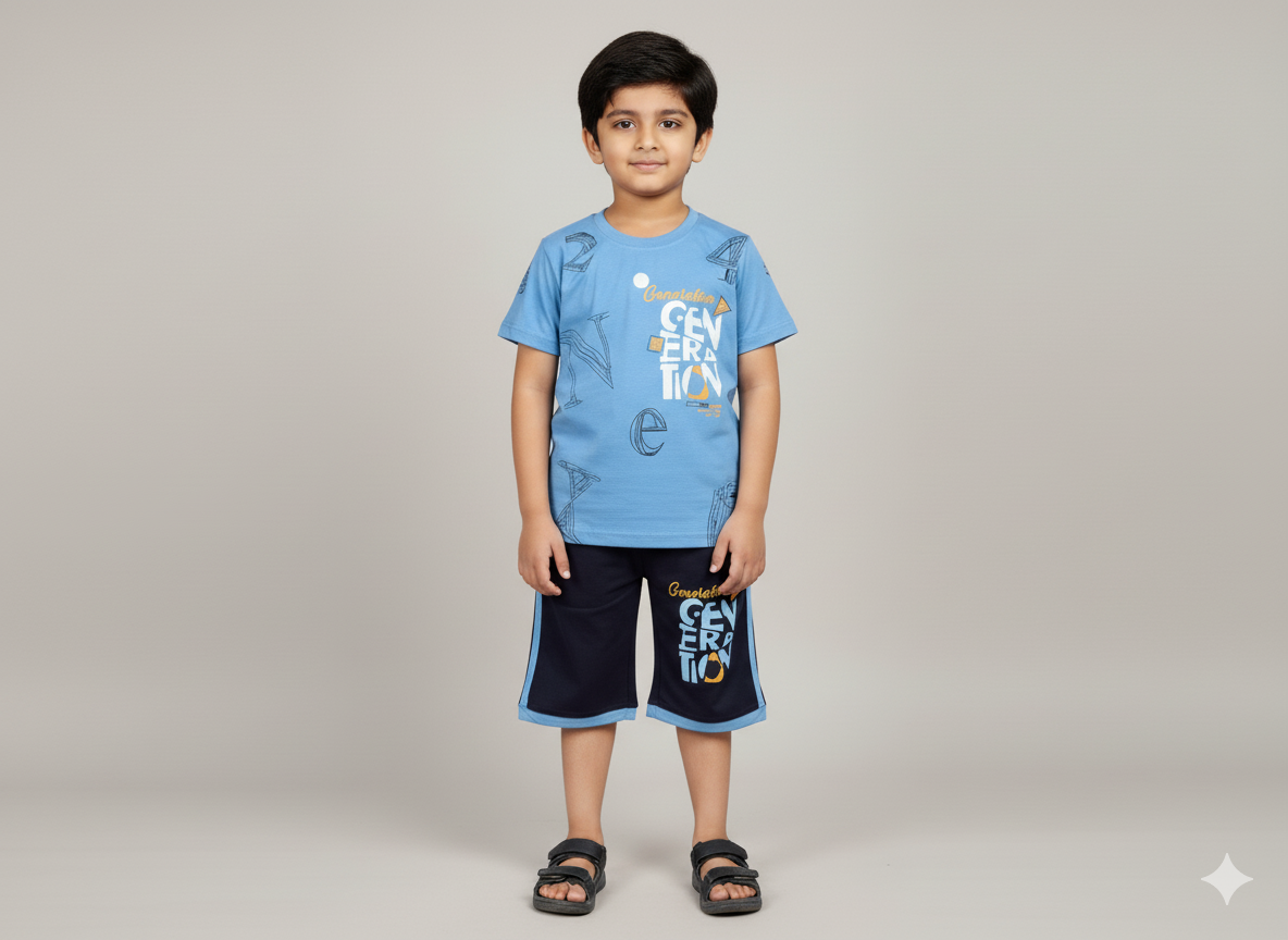 Teal Blue Boys Cotton T-Shirt and 3/4 Shorts Set