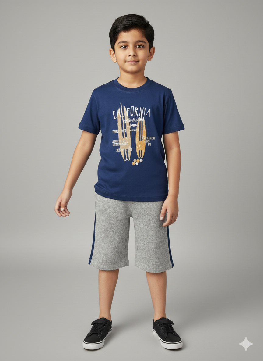 Royal Blue Boys Cotton T-Shirt and 3/4 Shorts Set