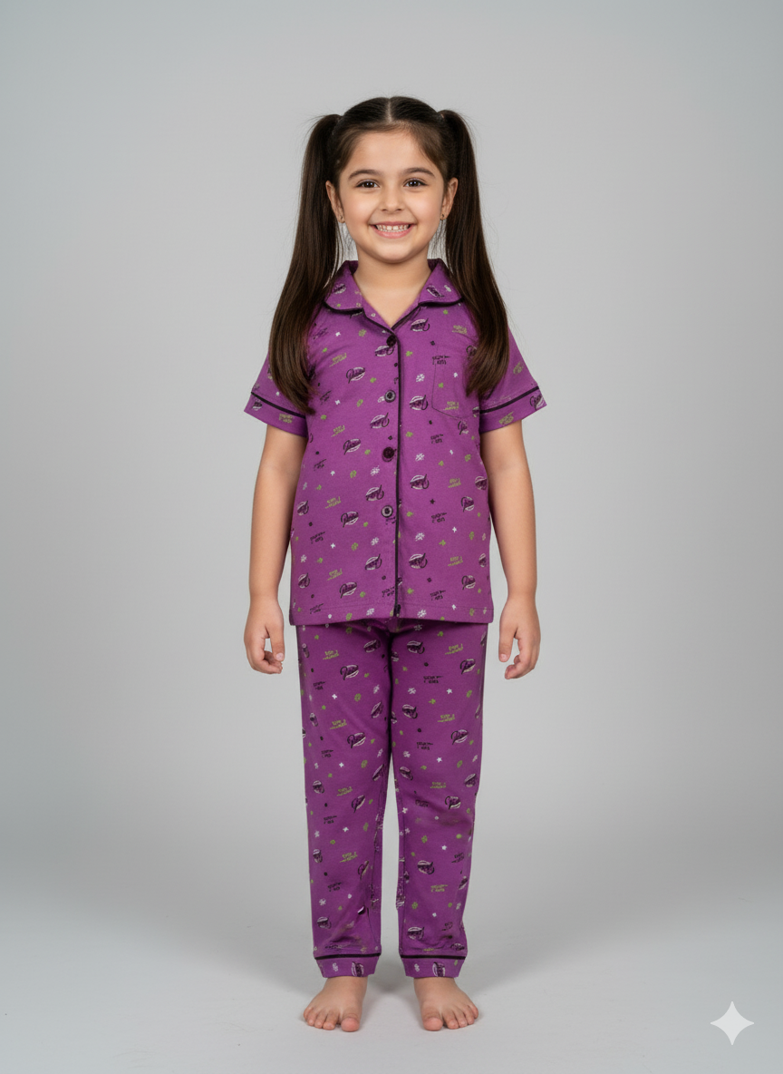 Light Violet Girls Printed Nightsuit Set Soft & Gentle Comfort