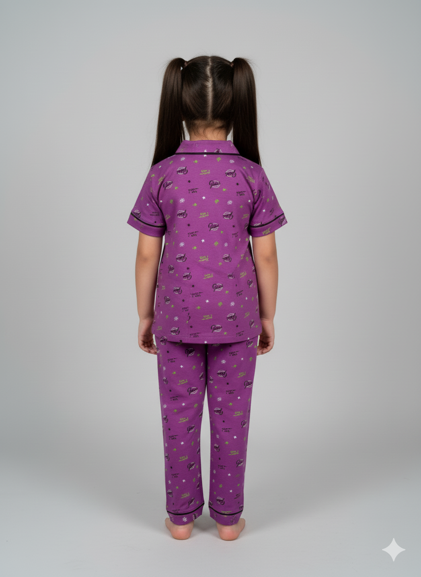 Light Violet Girls Printed Nightsuit Set Soft & Gentle Comfort
