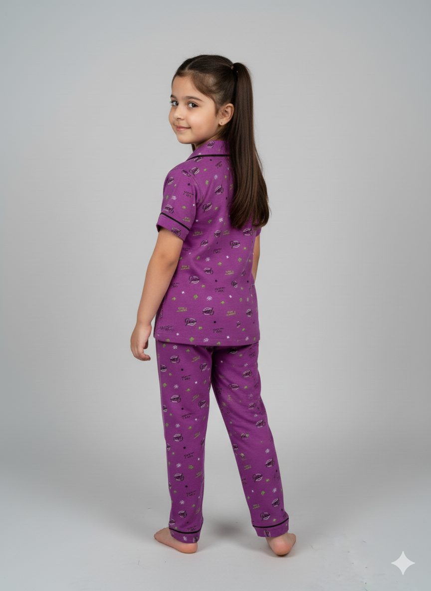 Light Violet Girls Printed Nightsuit Set Soft & Gentle Comfort