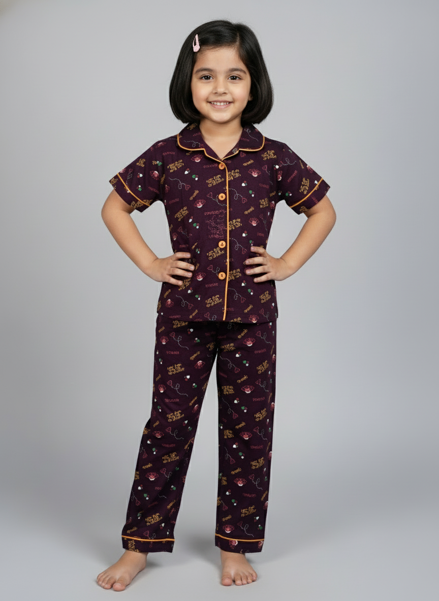 Maroon Printed Girls Nightsuit Set Comfortable All-Season Wear