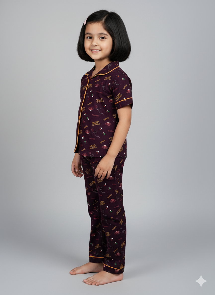 Maroon Printed Girls Nightsuit Set Comfortable All-Season Wear