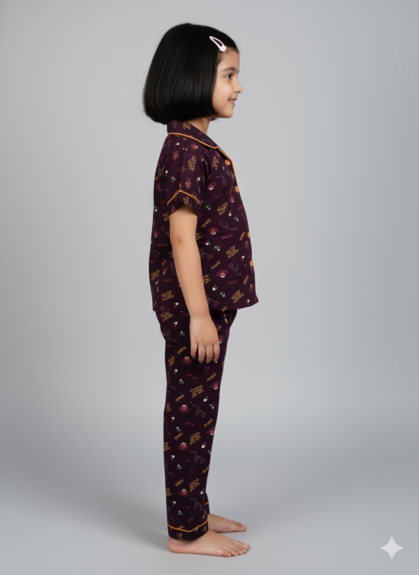 Maroon Printed Girls Nightsuit Set Comfortable All-Season Wear