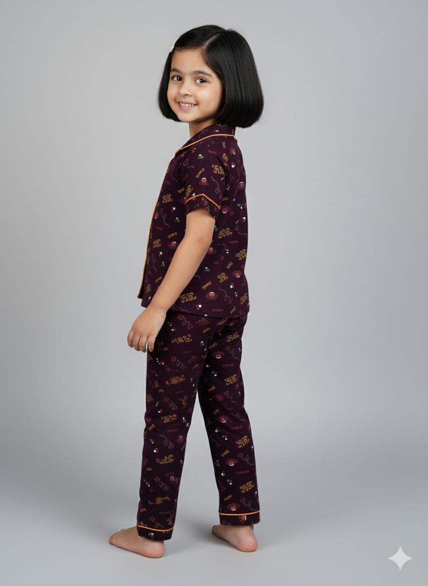 Maroon Printed Girls Nightsuit Set Comfortable All-Season Wear