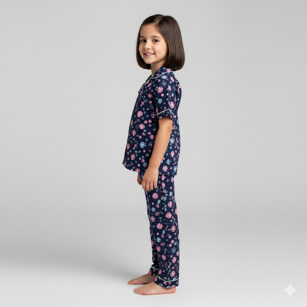 Navy Blue Kids Printed Nightsuit Set Comfy Daily Nightwear