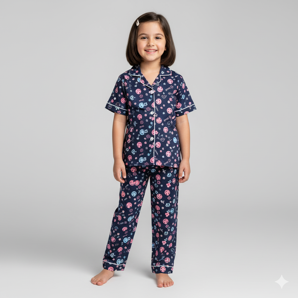 Navy Blue Kids Printed Nightsuit Set Comfy Daily Nightwear