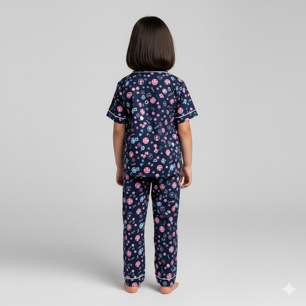 Navy Blue Kids Printed Nightsuit Set Comfy Daily Nightwear