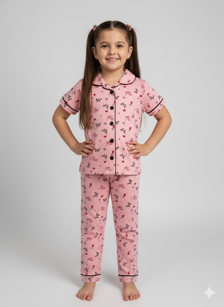 Young girl wearing pink pajamas with a pattern on a white background