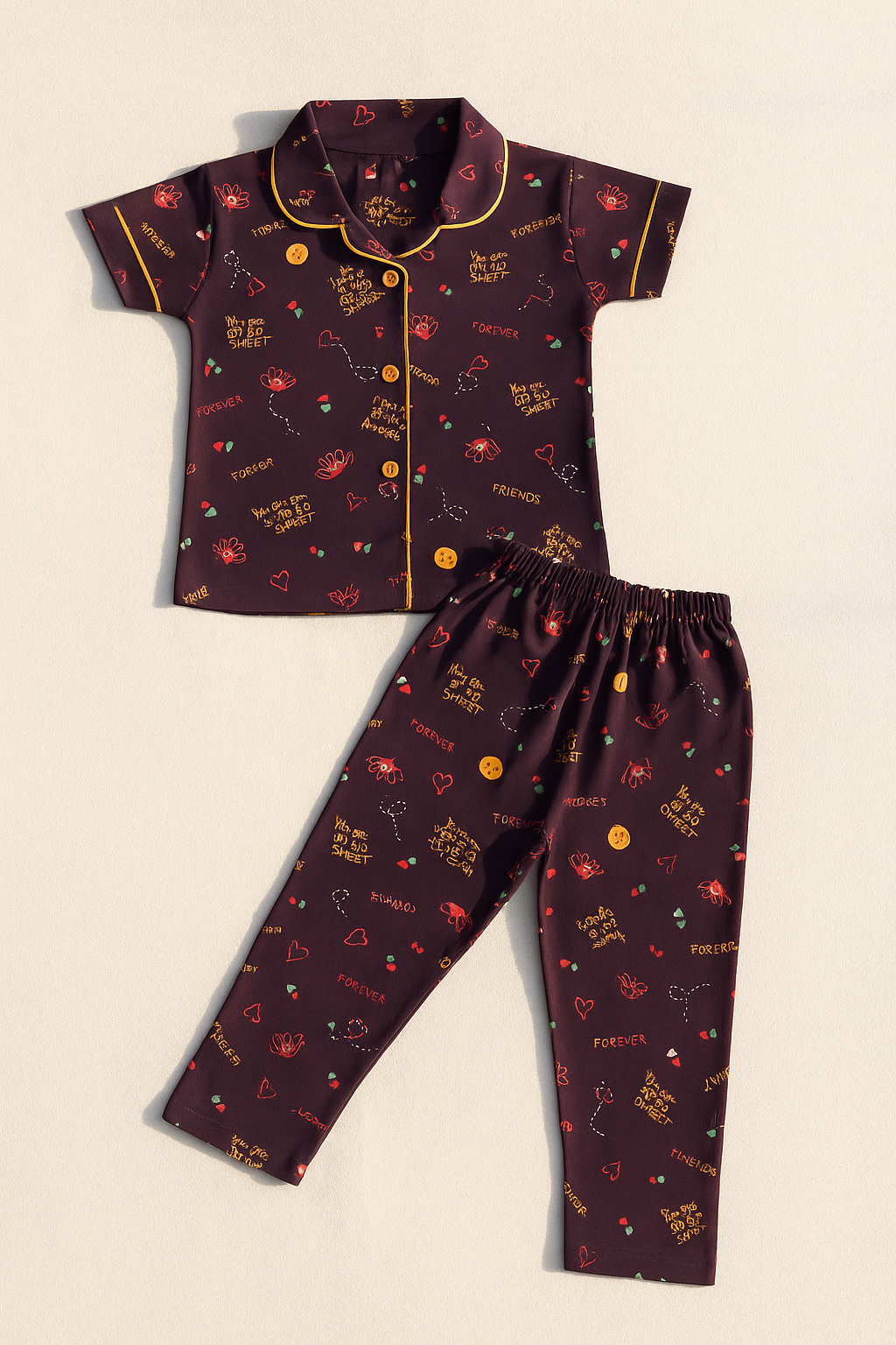 Maroon Printed Girls Nightsuit Set Comfortable All-Season Wear