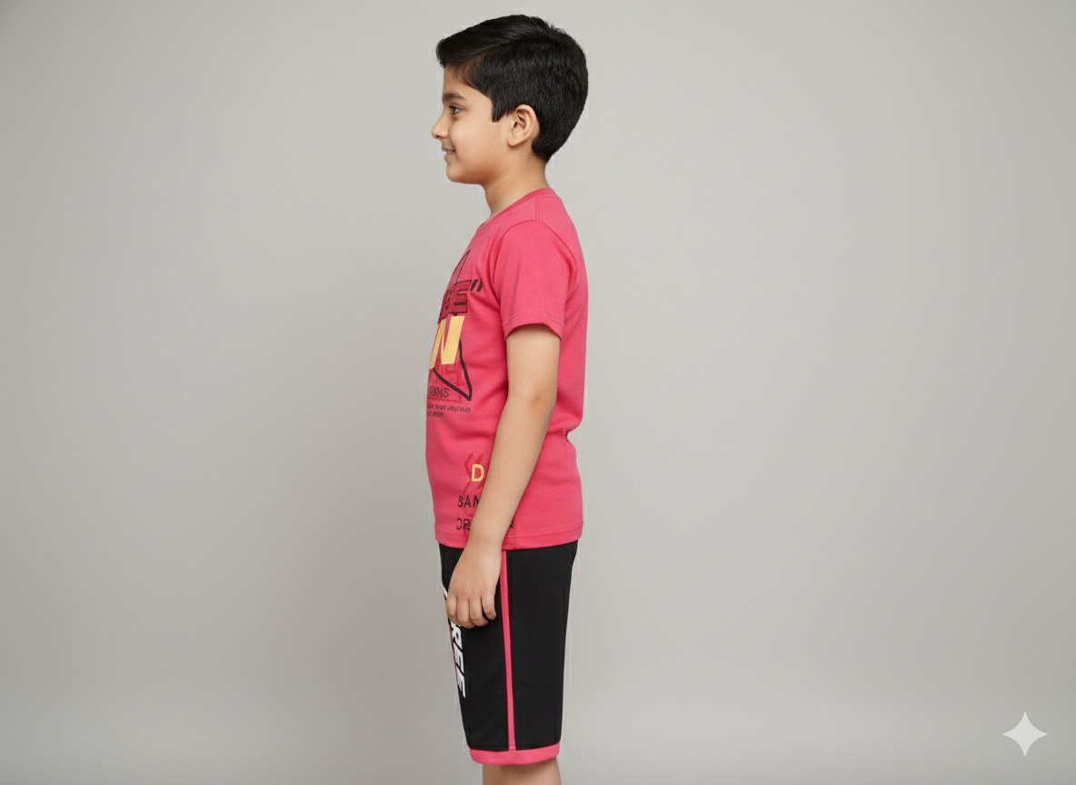 Crimson Pink Boys Cotton T-Shirt and 3/4 Shorts Set