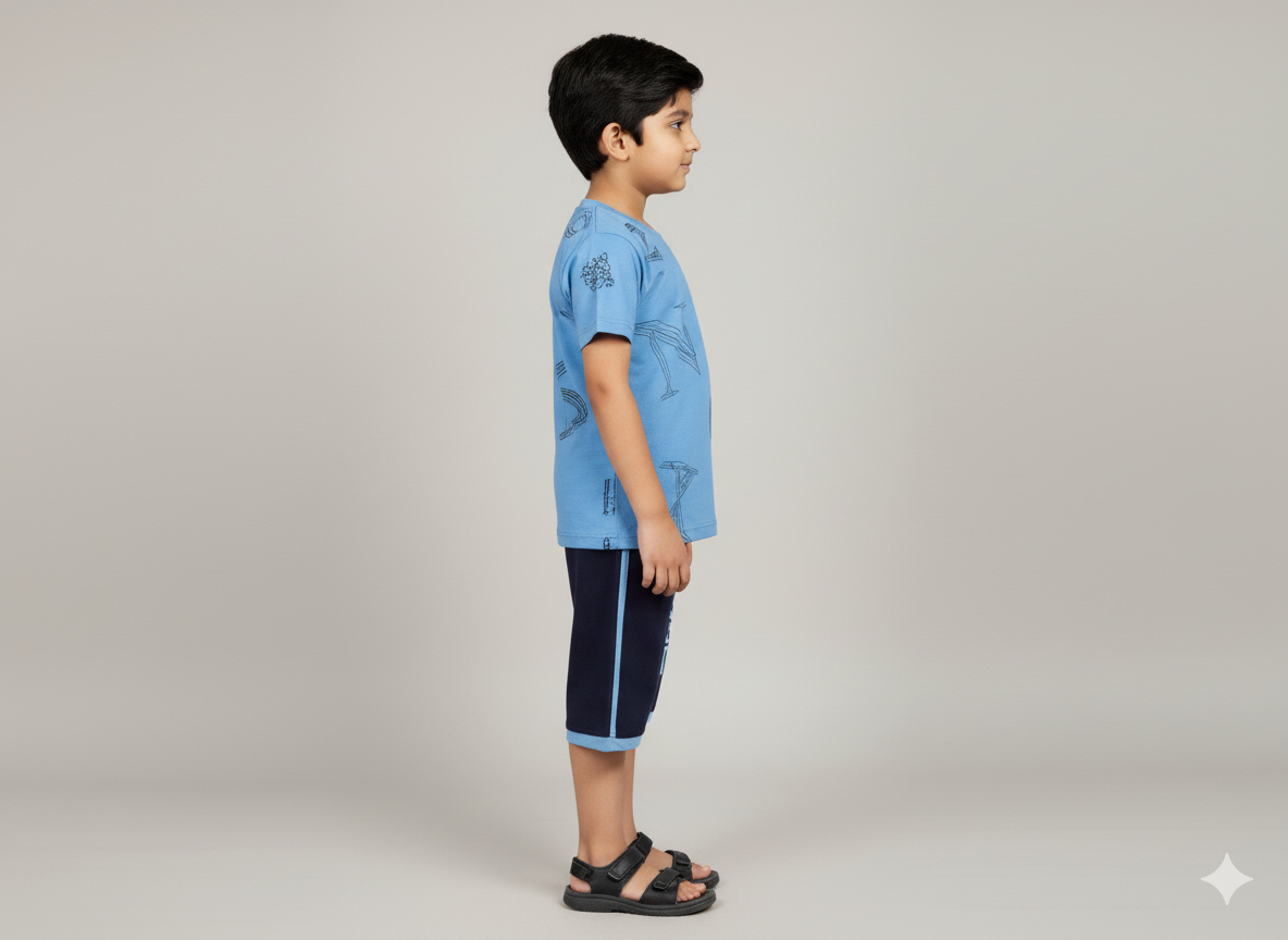 Teal Blue Boys Cotton T-Shirt and 3/4 Shorts Set