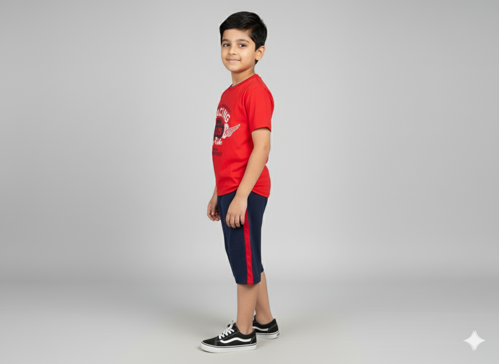 Red Boys Cotton T-Shirt and 3/4 Shorts Set