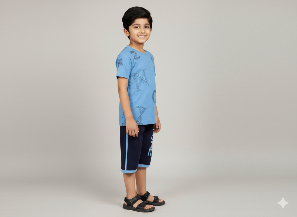 Teal Blue Boys Cotton T-Shirt and 3/4 Shorts Set