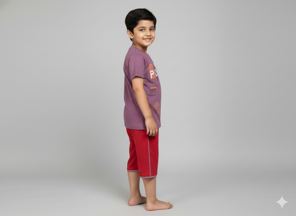 Mauve Violet Boys Cotton T-Shirt and 3/4 Shorts Set