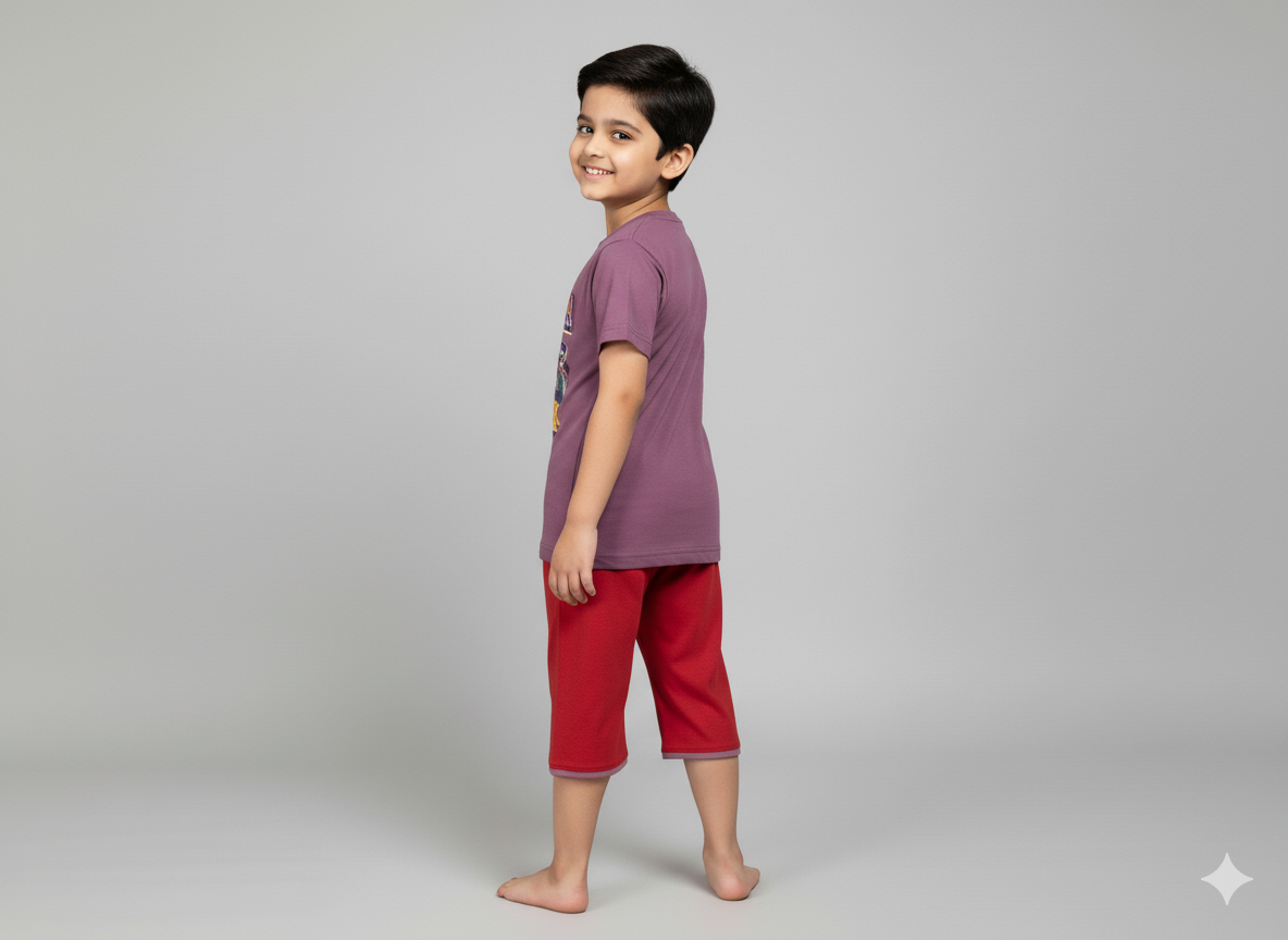Mauve Violet Boys Cotton T-Shirt and 3/4 Shorts Set