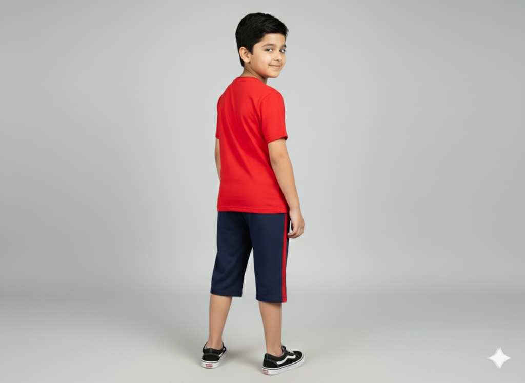 Red Boys Cotton T-Shirt and 3/4 Shorts Set