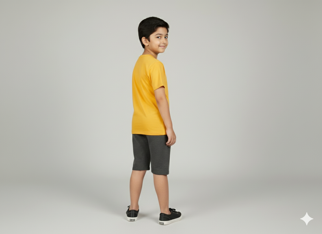 Child wearing a yellow shirt and gray shorts on a plain background