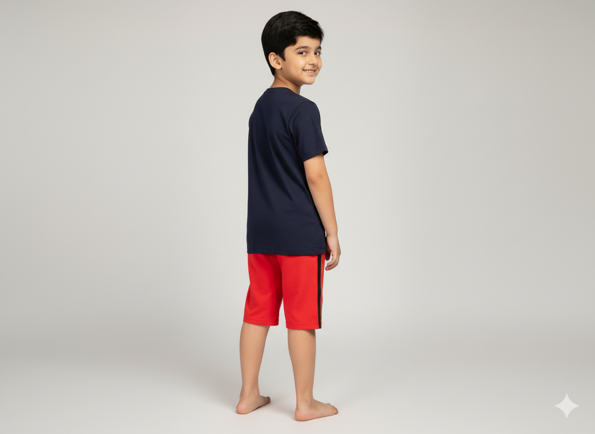 Navy Boys Cotton T-Shirt and 3/4 Shorts Set