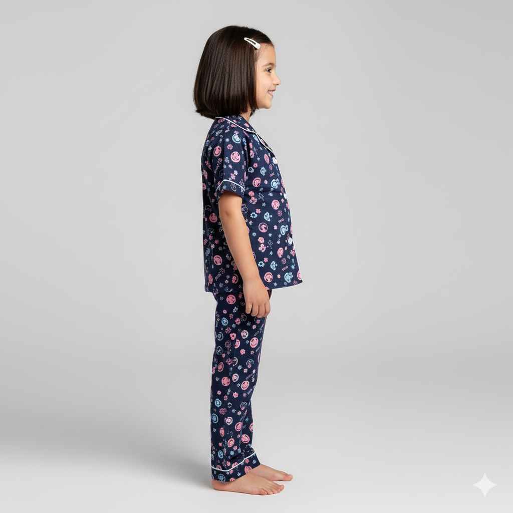 Navy Blue Kids Printed Nightsuit Set Comfy Daily Nightwear